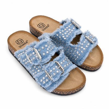 Ciabatta Denim con Strass e Doppia Fibbia