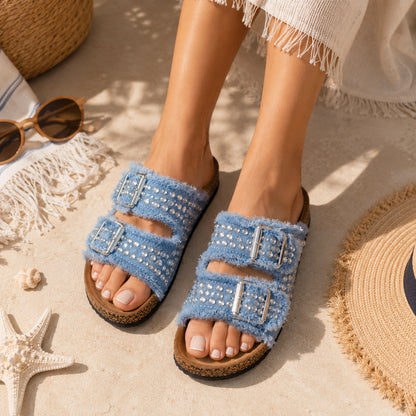 Ciabatta Denim con Strass e Doppia Fibbia