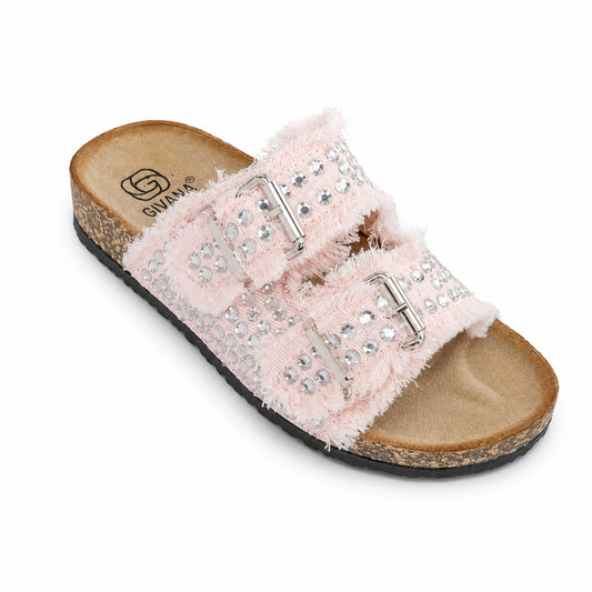 Ciabatta Denim con Strass e Doppia Fibbia
