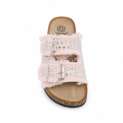 Ciabatta Denim con Strass e Doppia Fibbia