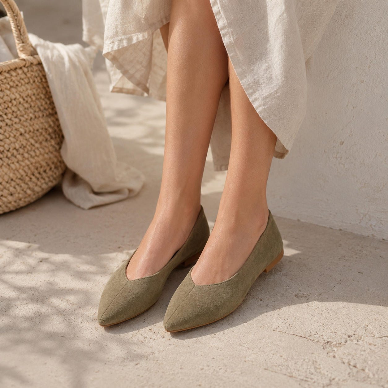 Ballerina Donna a Punta Effetto Camoscio – Nero, Verde Salvia e Rosa