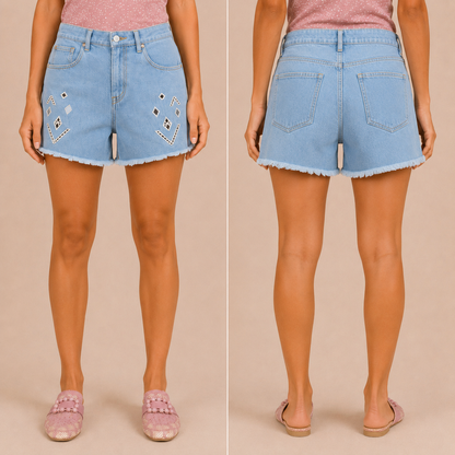 Shorts Donna Denim con Applicazioni