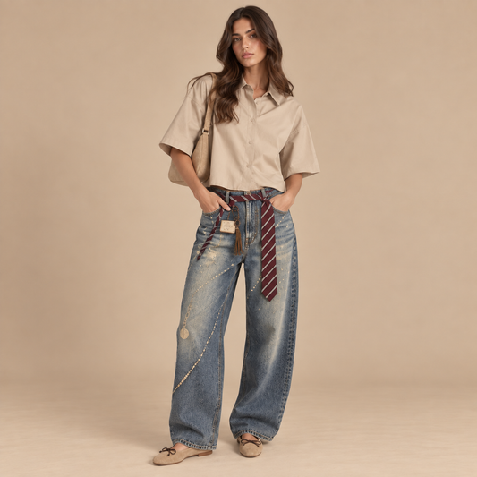 Jeans wide leg con cravatta e dettagli decorativi
