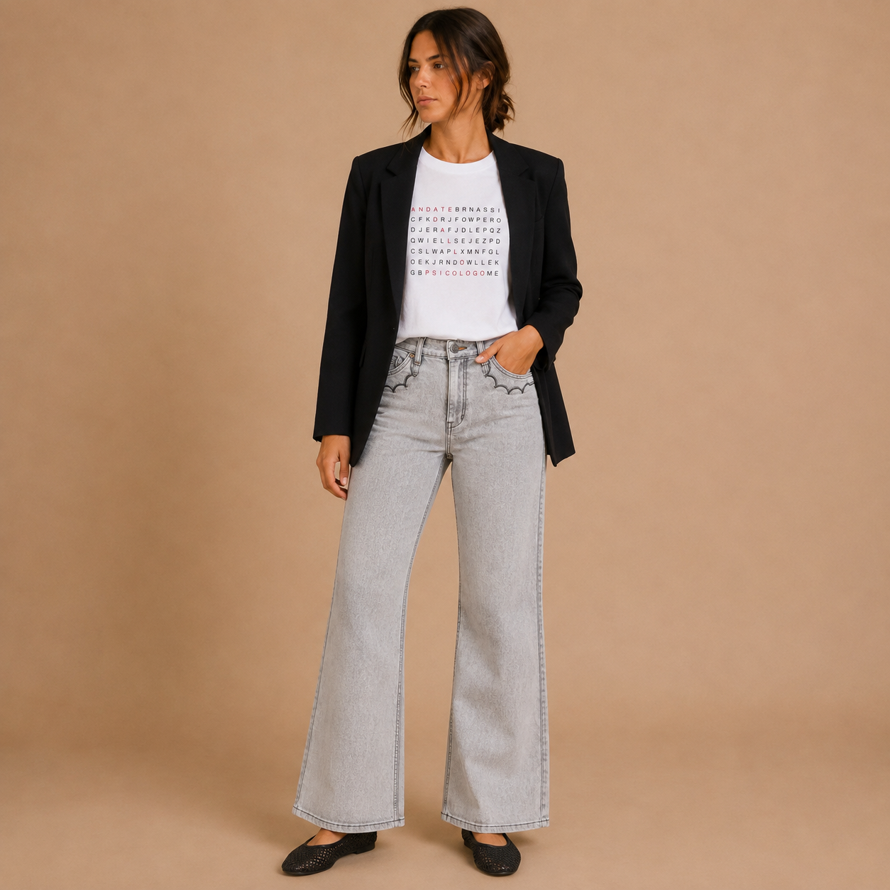 Jeans Donna Flare Grigio con Cuciture Decorative Mimi-Mua