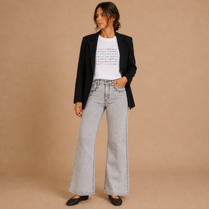 Jeans Donna Flare Grigio con Cuciture Decorative Mimi-Mua