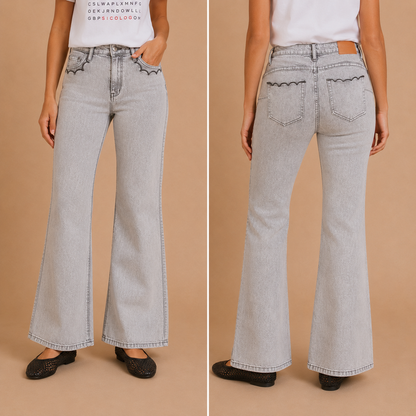 Jeans Donna Flare Grigio con Cuciture Decorative Mimi-Mua