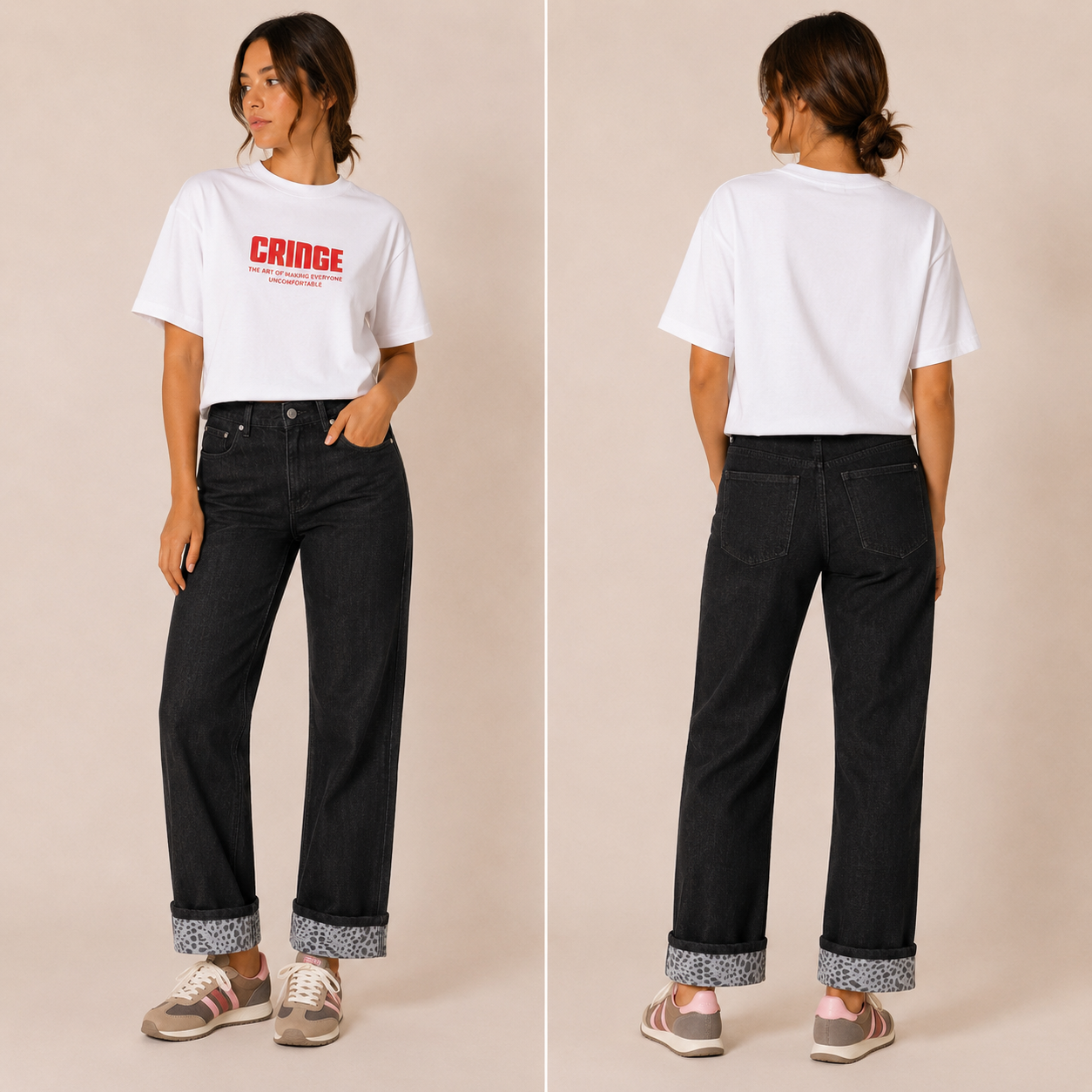 Jeans Donna Nero con Risvolto Animalier Mimì-Muà