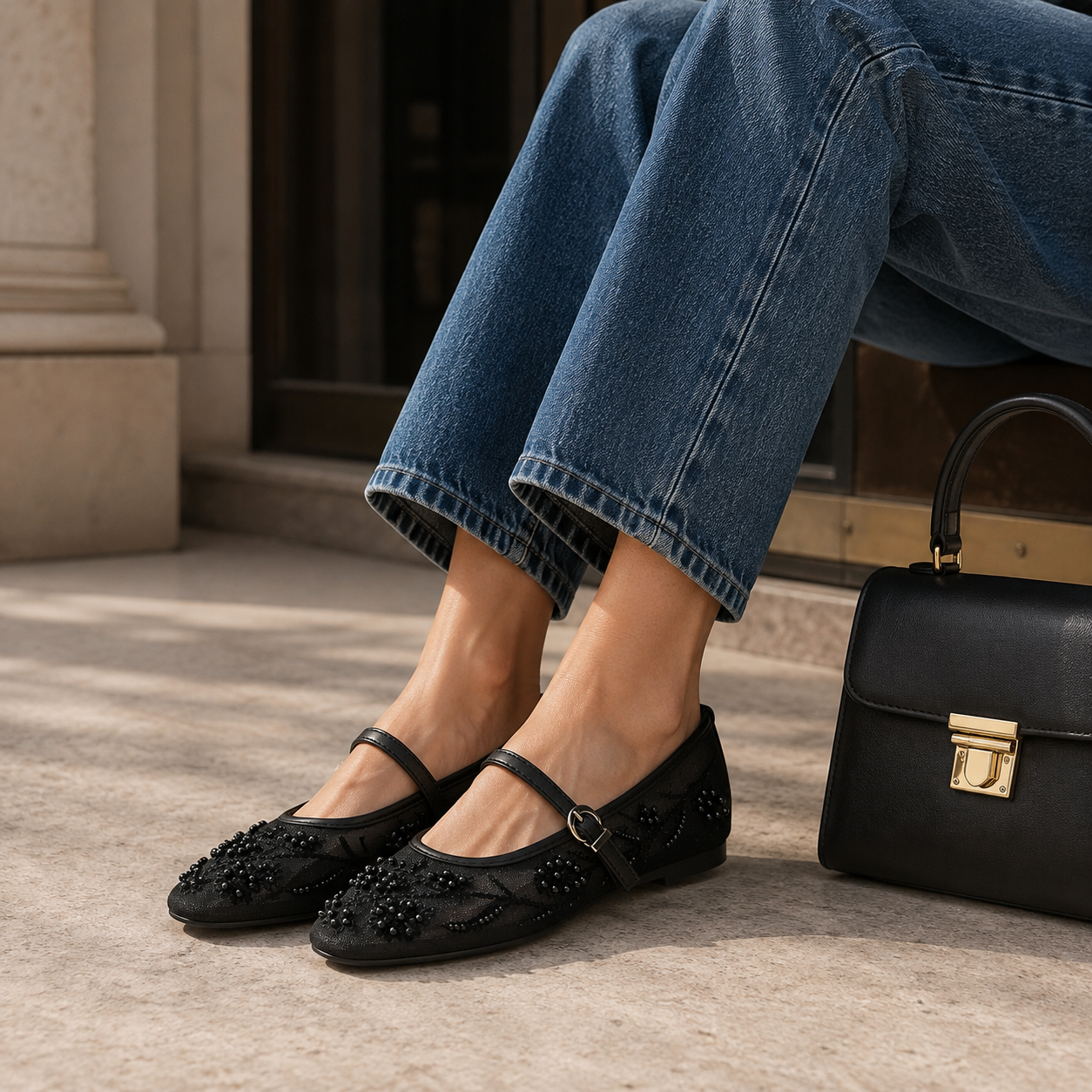 Ballerine Mary Jane in tulle ricamato con perline