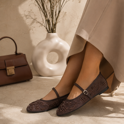 Ballerine Mary Jane in tulle ricamato con perline