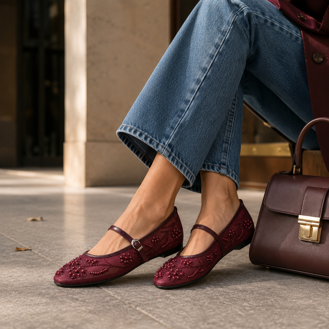 Ballerine Mary Jane in tulle ricamato con perline