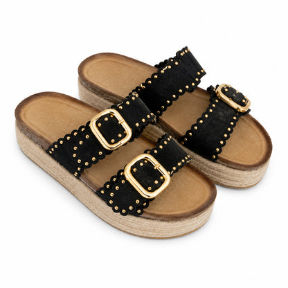 Ciabatta Donna con Borchie e Doppia Fibbia – Beige, Marrone e Nero