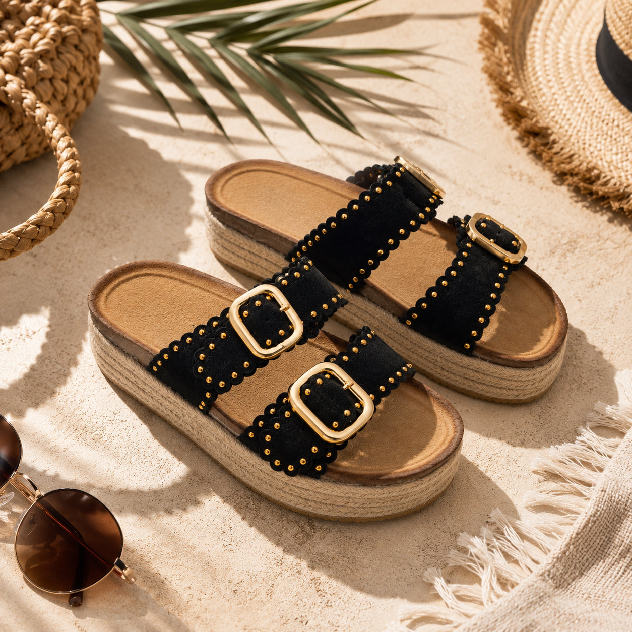Ciabatta Donna con Borchie e Doppia Fibbia – Beige, Marrone e Nero