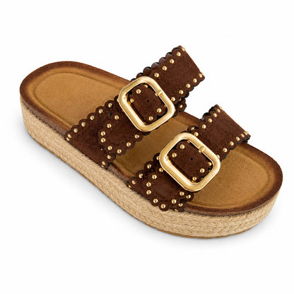 Ciabatta Donna con Borchie e Doppia Fibbia – Beige, Marrone e Nero