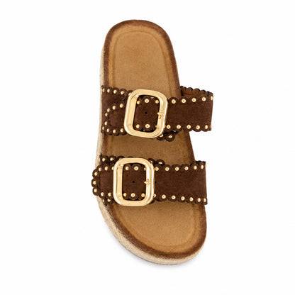 Ciabatta Donna con Borchie e Doppia Fibbia – Beige, Marrone e Nero