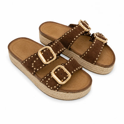 Ciabatta Donna con Borchie e Doppia Fibbia – Beige, Marrone e Nero