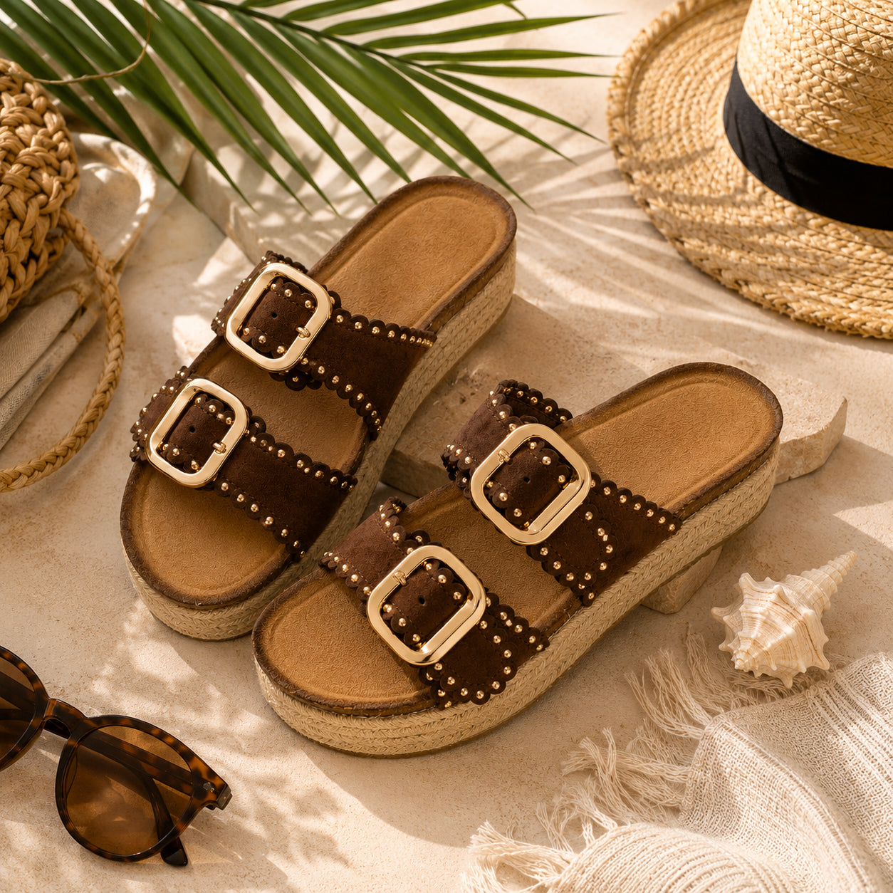 Ciabatta Donna con Borchie e Doppia Fibbia – Beige, Marrone e Nero