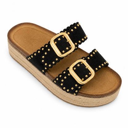 Ciabatta Donna con Borchie e Doppia Fibbia – Beige, Marrone e Nero