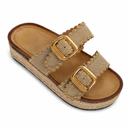 Ciabatta Donna con Borchie e Doppia Fibbia – Beige, Marrone e Nero