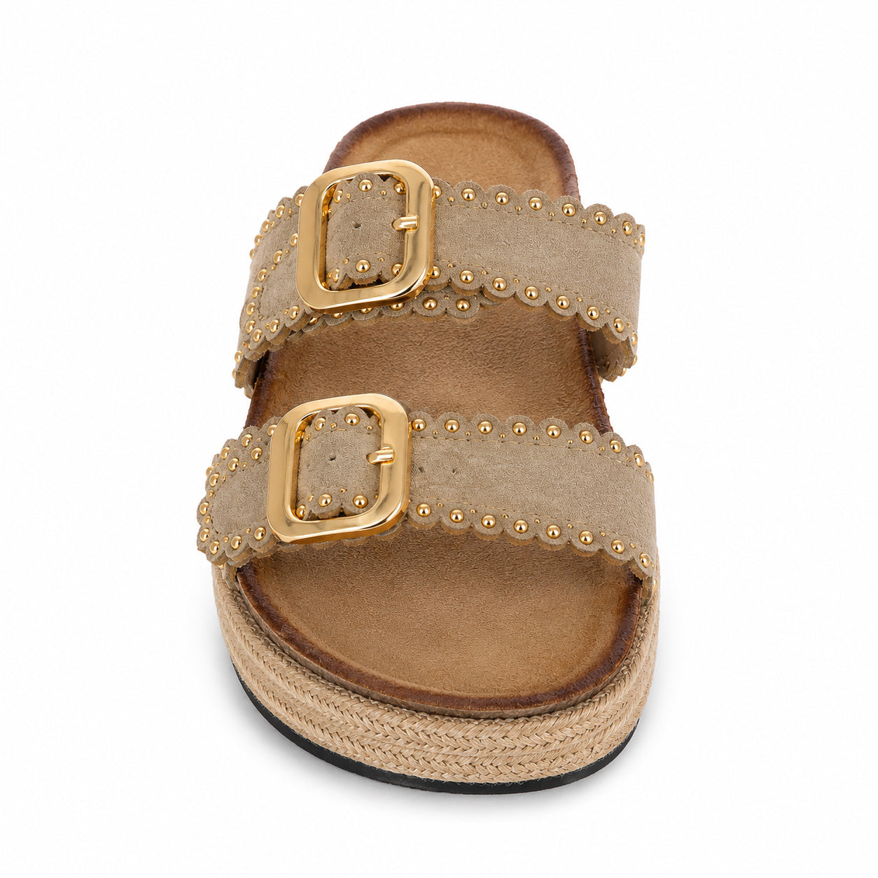 Ciabatta Donna con Borchie e Doppia Fibbia – Beige, Marrone e Nero