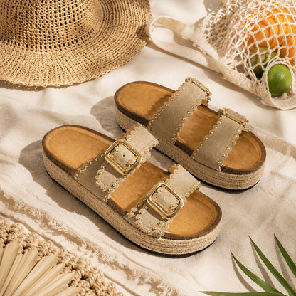 Ciabatta Donna con Borchie e Doppia Fibbia – Beige, Marrone e Nero