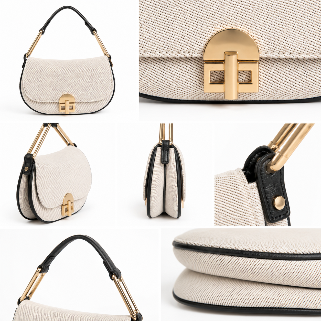 Borsa a Spalla in Tessuto Effetto Canvas con Dettagli Dorati