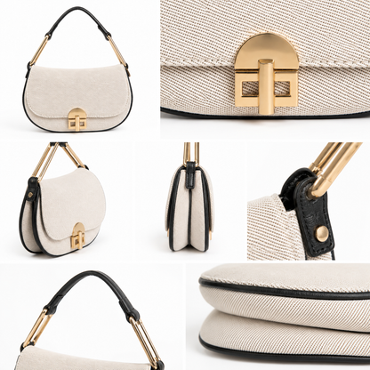 Borsa a Spalla in Tessuto Effetto Canvas con Dettagli Dorati