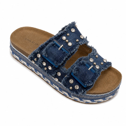 Ciabatta Platform Kharisma in Denim con Strass e Doppia Fibbia – Nero e Avio