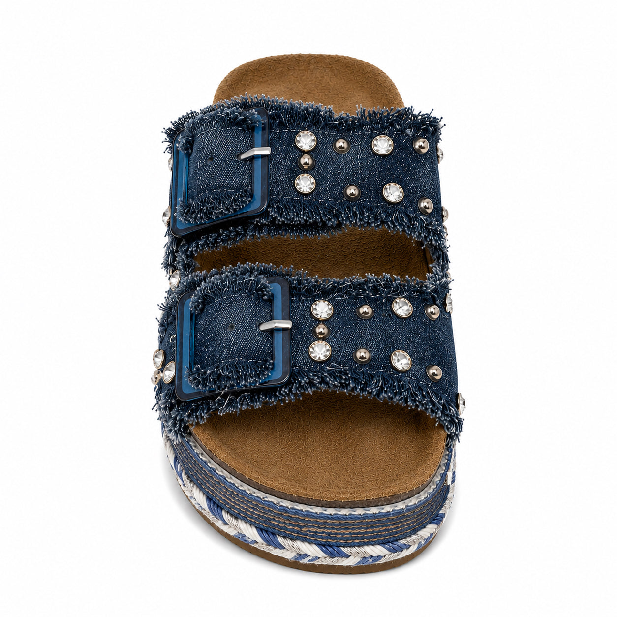 Ciabatta Platform Kharisma in Denim con Strass e Doppia Fibbia – Nero e Avio