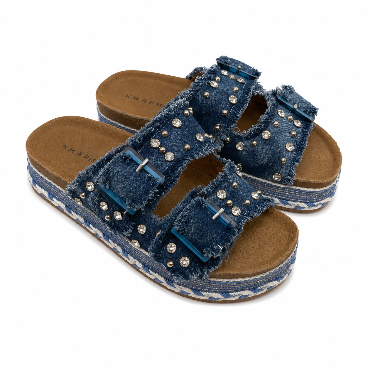 Ciabatta Platform Kharisma in Denim con Strass e Doppia Fibbia – Nero e Avio