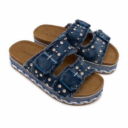 Ciabatta Platform Kharisma in Denim con Strass e Doppia Fibbia – Nero e Avio