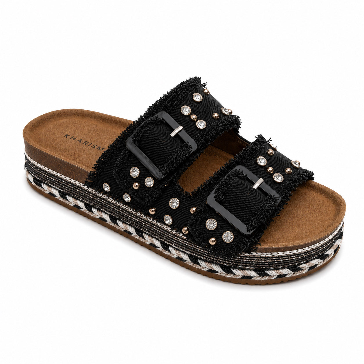Ciabatta Platform Kharisma in Denim con Strass e Doppia Fibbia – Nero e Avio