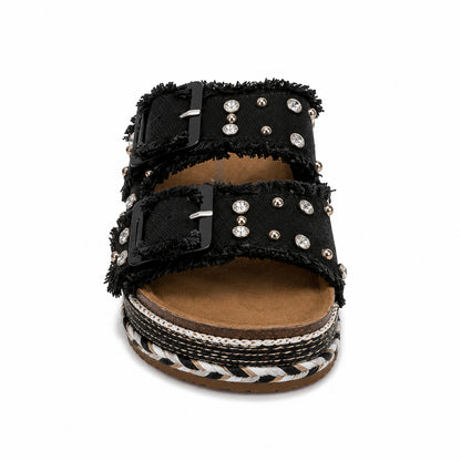 Ciabatta Platform Kharisma in Denim con Strass e Doppia Fibbia – Nero e Avio