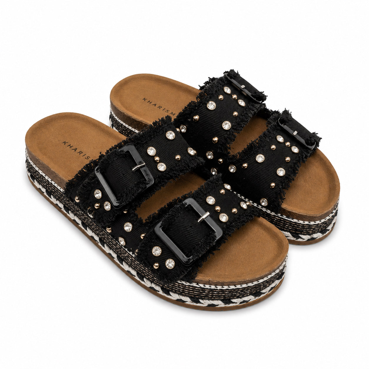 Ciabatta Platform Kharisma in Denim con Strass e Doppia Fibbia – Nero e Avio