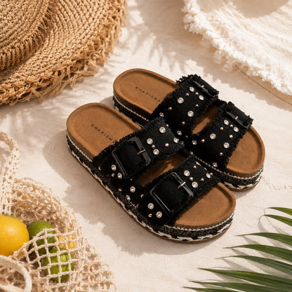 Ciabatta Platform Kharisma in Denim con Strass e Doppia Fibbia – Nero e Avio