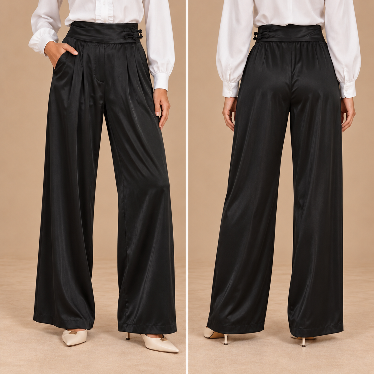 Pantalone palazzo in raso con chiusura laterale – Lumina