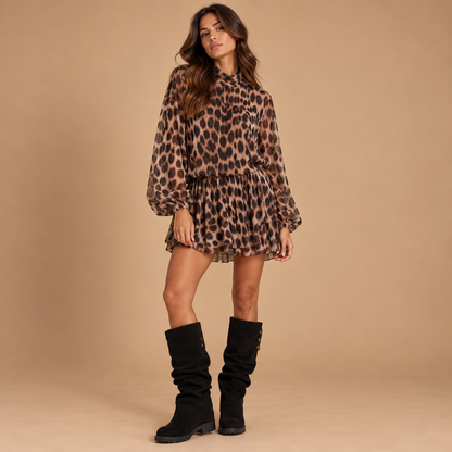 Abito corto animalier con balze – Lumina