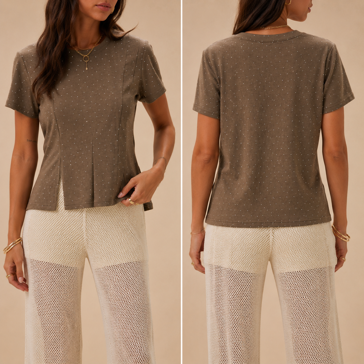 T-Shirt Marrone con Micro Strass All-Over