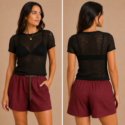 Maglia Donna Traforata Nera a Manica Corta