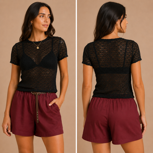Maglia Donna Traforata Nera a Manica Corta