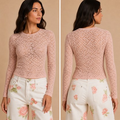 Maglia Donna Rosa in Pizzo a Manica Lunga
