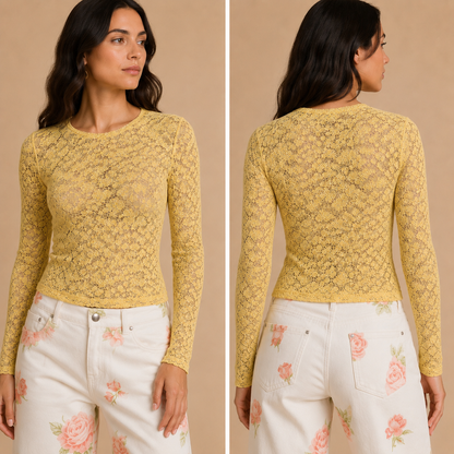 Maglia Donna Rosa in Pizzo a Manica Lunga