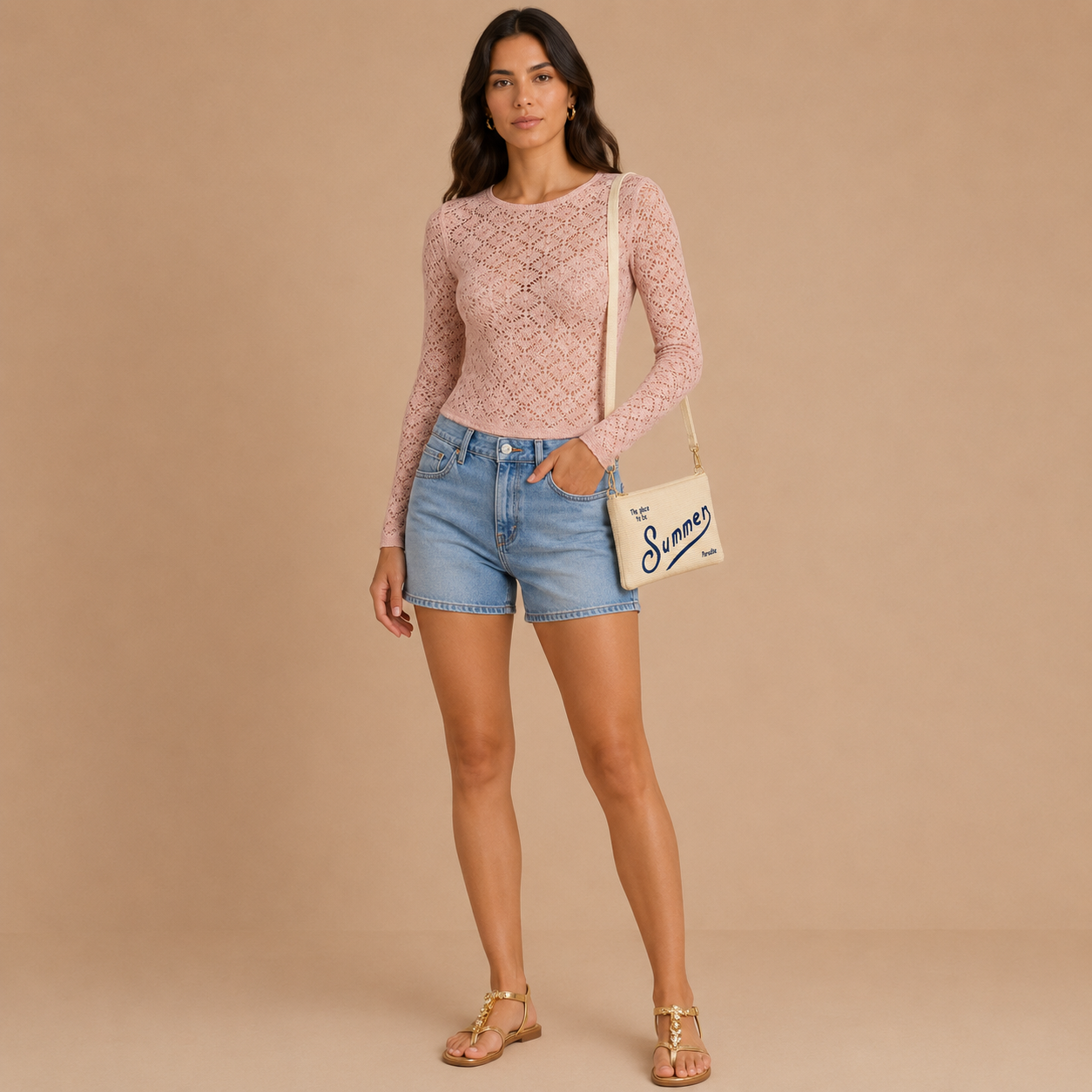 Maglia Donna Rosa in Pizzo a Manica Lunga