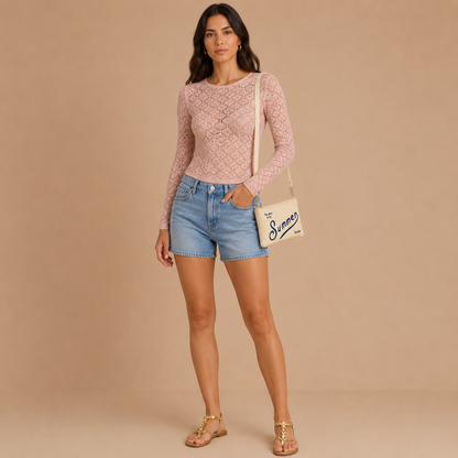 Maglia Donna Rosa in Pizzo a Manica Lunga