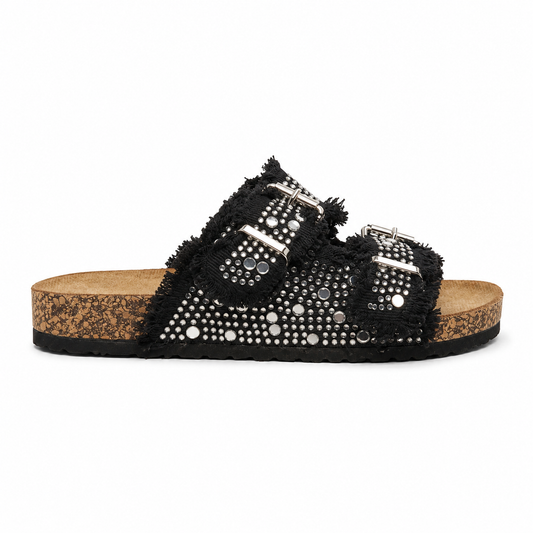 Ciabatta Denim con Strass e Doppia Fibbia