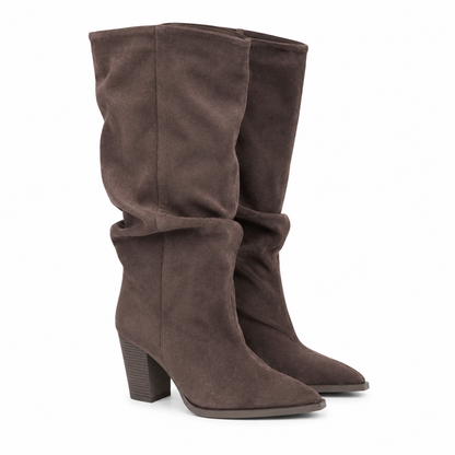 Stivale Alto Scamosciato con Tacco – Khaki e Marrone