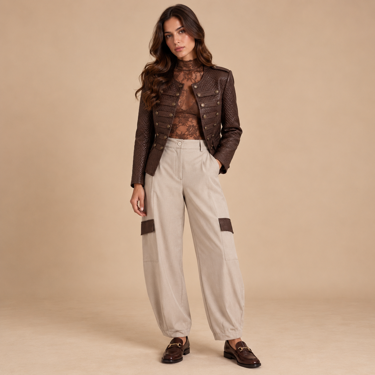 Pantalone cargo balloon con dettagli effetto pelle