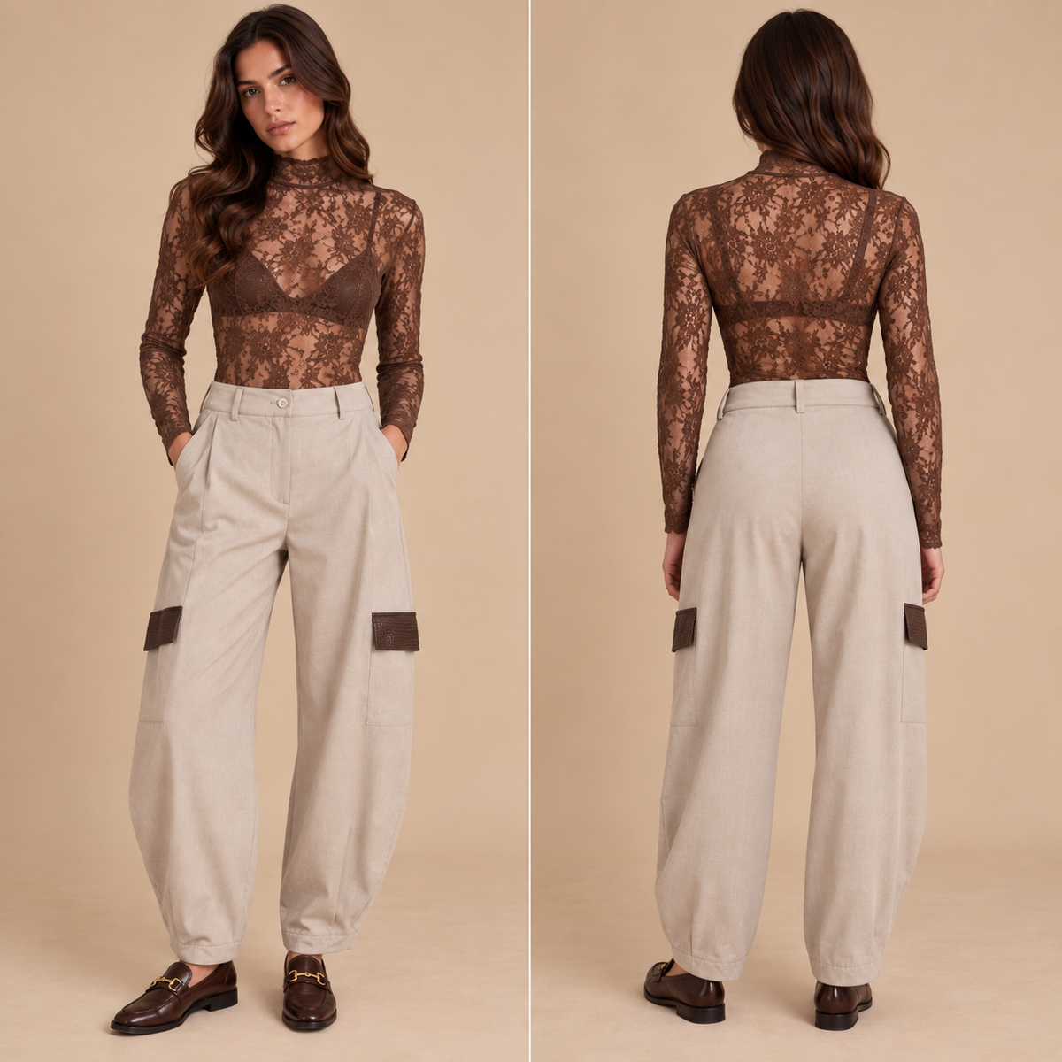 Pantalone cargo balloon con dettagli effetto pelle