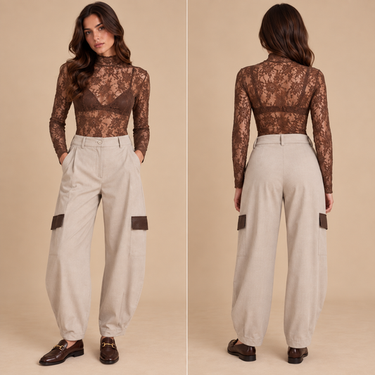 Pantalone cargo balloon con dettagli effetto pelle