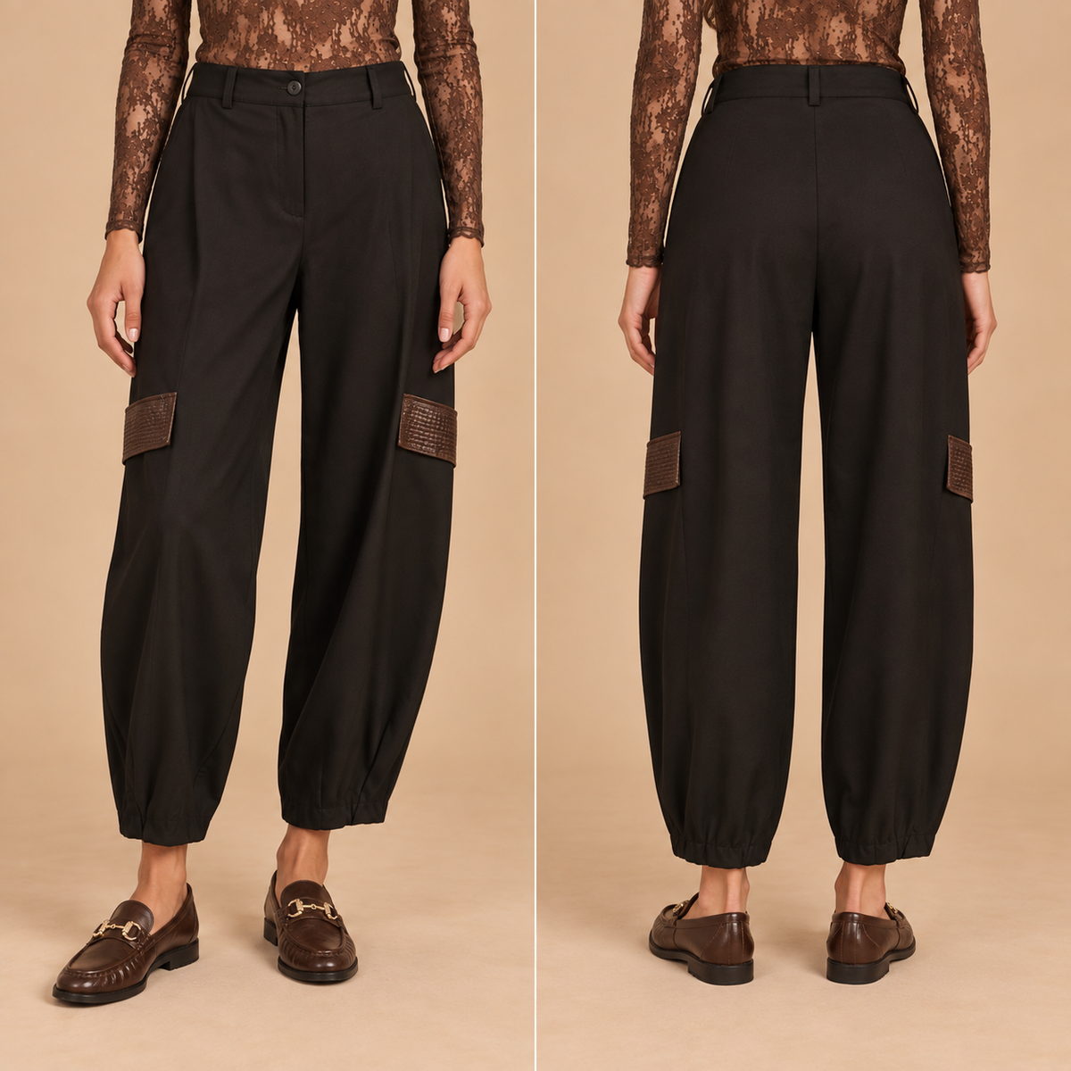 Pantalone cargo balloon con dettagli effetto pelle