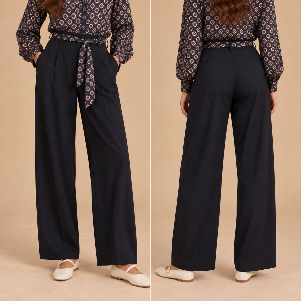Pantalone wide leg con cintura fantasia